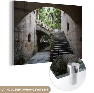 ® Glasschilderij 180x120 cm - Schilderij acrylglas - Trappen in de oude stad van Rhodos - Foto op glas - Muurdecoratie woonkamer - Wanddecoratie slaapkamer - Schilderijen