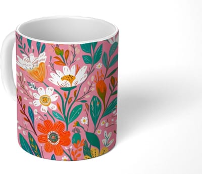 Mok - Koffiemok - Roze - Bloemen - Wit - Oranje - Mokken - 350 ML - Beker - Koffiemokken - Theemok