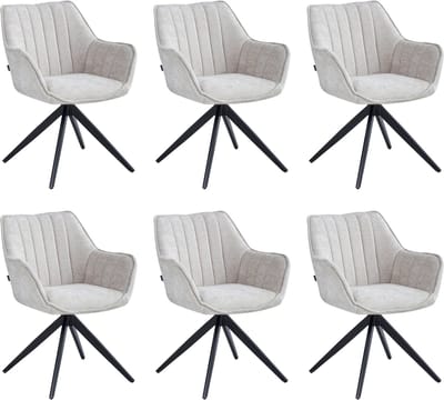 Colenis® - Yasmin Eetkamerstoel - Set van 6 - Beige - Chenille Stof - Gestoffeerde zitting - Metalen poten - 180° - Draaistoel