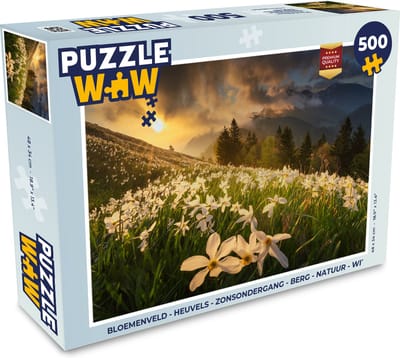 Puzzel Bloemenveld - Heuvels - Zonsondergang - Berg - Natuur - Wit - Heuvels - Legpuzzel - Puzzel 500 stukjes
