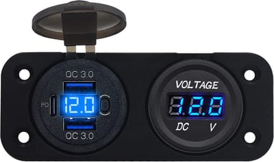 ProRide 12V USB C Stopcontact 3 Poorten Inbouw met Schakelaar/Voltmeter - QC3.0 - Tweevoudig inbouw paneel - Blauw