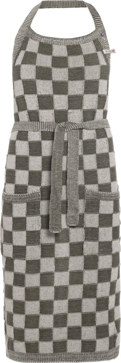 Knit Factory Gebreide Keukenschort Dames & Heren - Kookschort - Kokssloof - Keukensloof - Koksschort - Barbecue schort Block - Ecru/Khaki - Donkergroen - One Size - Met steekzakken