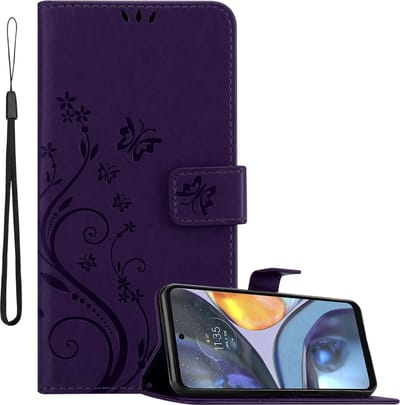 Cadorabo Hoesje geschikt voor Motorola MOTO G22 in BLOEMEN DONKER PAARS - Beschermhoes in bloemmotief met magnetische sluiting, standfunctie en kaartsleuven Book Case Cover Etui