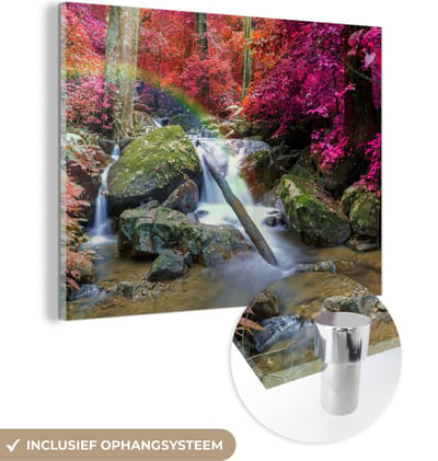 MuchoWow® Glasschilderij 40x30 cm - Schilderij acrylglas - Regenboog - Waterval - Bomen - Stenen - Mos - Foto op glas - Schilderijen