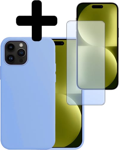 Hoesje - Met Screenprotector - Geschikt voor Apple iPhone 15 Pro Max - Sterk & Shockproof - Back Cover - Siliconen Case - Telefoon Hoes - Telefoonhoesjes - Lichtblauw
