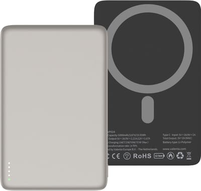Valenta Ultra Dunne Single USB-C Powerbank 5.000 mAh 20W - Snellader - MagSafe Compatible - Naturel