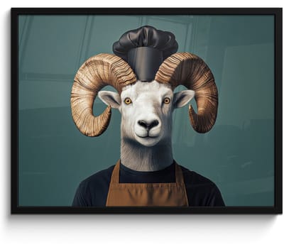 Poster in lijst - Fotolijst 70x50 cm - Posters - Geit - Hoorns - Kokskleding - Posterlijst zwart - Decoratie - Wanddecoratie woonkamer - Muurdecoratie slaapkamer