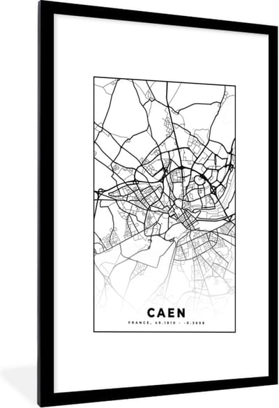 Fotolijst incl. Poster Zwart Wit- Kaart - Caen - Stadskaart - Frankrijk - Plattegrond - Zwart wit - 60x90 cm - Posterlijst
