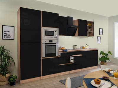 Goedkope keuken 335  cm - complete keuken met apparatuur Lorena  - Eiken/Zwart - soft close - keramische kookplaat    - afzuigkap - oven - magnetron  - spoelbak