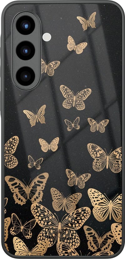 Hoesje geschikt voor Samsung Galaxy A57 - Vlinders - Luxe Glazen Hardcase - Print / Illustratie - Zwart, Goud