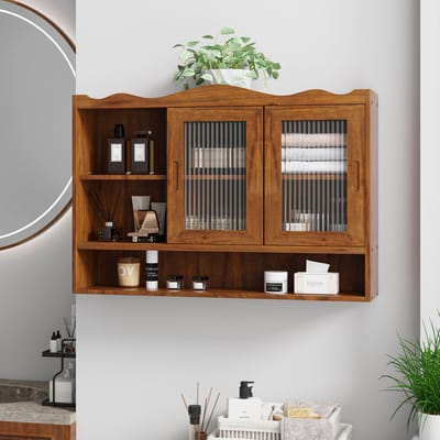 STILVORA Badkamerkasten - Wandkast Badezimmerkast met Schuifdeuren en Uitneembare Planken - Dressoir Wandkast voor Badkamer en Woonkamer - 90×20×60 cm - Massief hout - Bruin