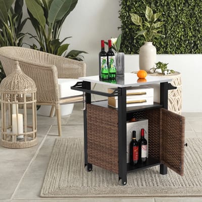 MODFU Buiten barwagen met kast – Serveertrolley met RVS werkblad & uitschuifbaar blad – Verrijdbaar met wielen en zijhandgreep – Voor tuin, terras & keuken – Bruin