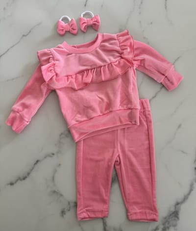 Baby meisjes velours setje 3 delig "Roze", verkrijgbaar in de maten 56/62 t/m 98/104