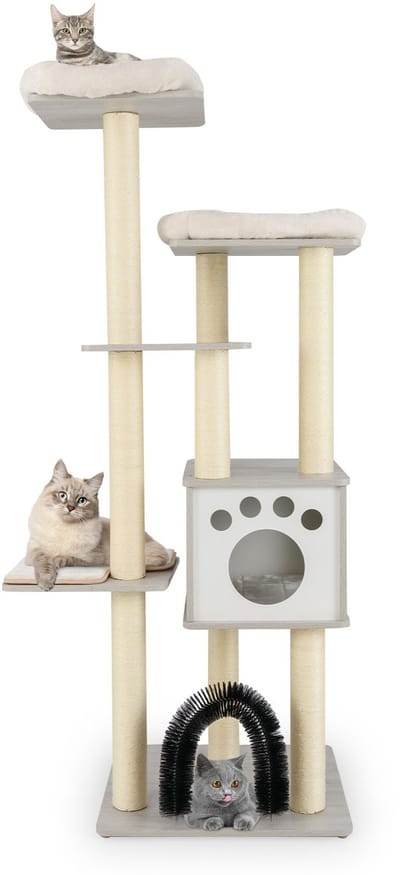 COSTWAY 176 cm Hout Krabpaal met 6 Verdiepingen Kattenboom met Gezellige Matten Grot en Kattenboog Kattenmeubels Klimboom Speelboom