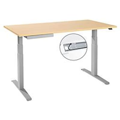 Bureau, elektrisch in hoogte verstelbaar, T-voet, B 1600 x D 800 x H 645-1290 mm, ahorn/wit aluminium + kabelgoot, accessoirelade