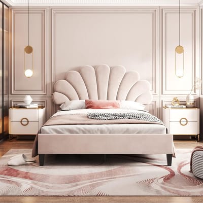 Gestoffeerd Tweepersoons Bed 140x200 met Bloemvormig Hoofdeinde - Fluweel Rood