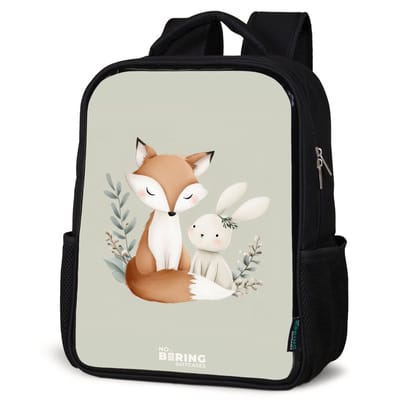 NoBoringSuitcases.com® - Rugzak zwart - Schooltas jongen & meisje - Vos en konijn omringd door groene blaadjes - Rugtas voor school - Boekentas kind - Schoolrugzak - Kinderrugzak