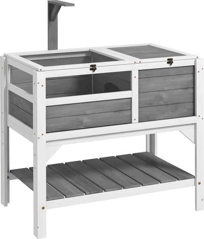 Schildpadverblijf voor binnen en buiten, houten schildpadhuis met poten, reptielenkooi voor kleine dieren, staande houten schildpadrenning met opbergrek van massief hout - afmetingen: 184 x 51 x 103 cm, lichtgrijs