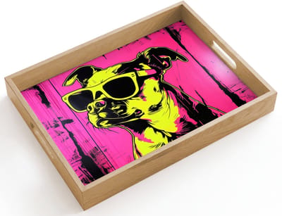 Dienblad hout 40x30 cm - Schootdienblad - Hond - Zonnebril - Roze - Art - Borrelplank rechthoek - Plateau dienbladen