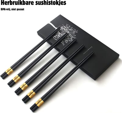 Sushistokjes set - Sushi servies - Sushi set - Chopsticksset - 5 sets sushi stokjes - Cadeau - goud/zwart
