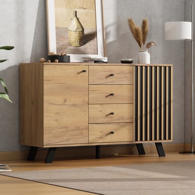 Dressoir - 120x38x75 cm - Met 4 Laden En 2 Deuren - Hol Design Met Houten Poten - Hout - Natuur