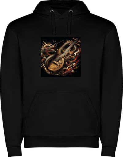 Zwarte unisex hoodie met “ Kleurrijke Muziekinstrument – Chinees – SanXian – Draak “ Print Full Color Color merk Roly maat S