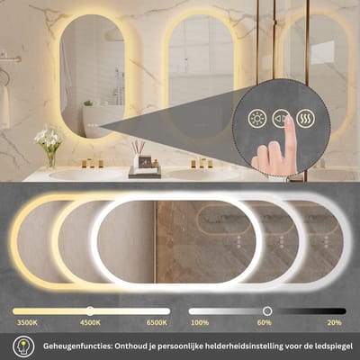 Loomar Spiegel met led - Spiegel met verlichting - Badkamerspiegel - Dimbaar - Drie Kleuren - Anti-Fog