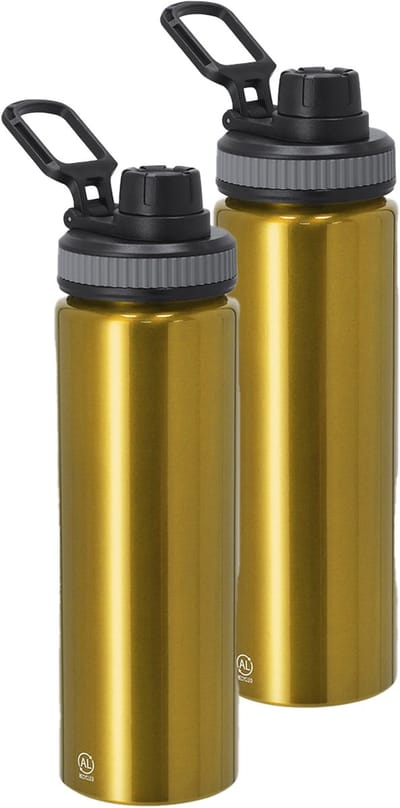 Bellatio Design Waterfles/drinkfles sport bidon Fitmaster - 2x - metallic goud - 800 ml - aluminium - schroefdop