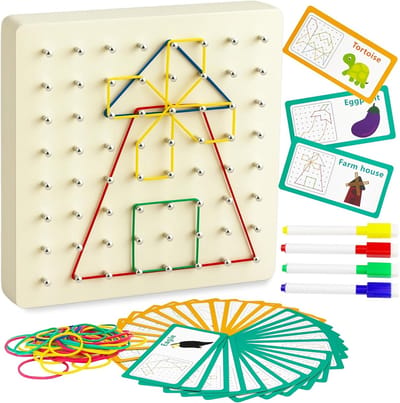 Houten Geoboard - Montessori Speelgoed - Ruimtelijk Inzicht - Bevordert Verbeelding - 18 x 18 cm