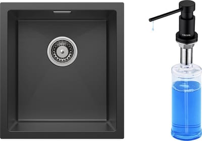 CECIPA max Spoelbakken Keuken 40x44cm- Spoelbak Met Zeeppompje(300ML) - Enkele spoelbak - Inbouw Zeepdispenser Spoelbakken Keuken -Spoelbakken met afdruip - Antraciet