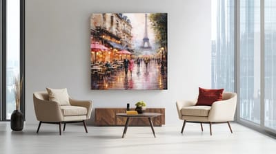 Vierkant Canvas Schilderij Parijs Eiffeltoren - Romantische Straat in de Regen - Wanddecoratie Woonkamer - 40 x 40 cm
