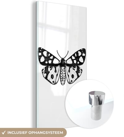 MuchoWow® Glasschilderij 20x40 cm - Schilderij acrylglas - Vlinder - Botanisch - Vintage - Zwart wit - Foto op glas - Schilderijen
