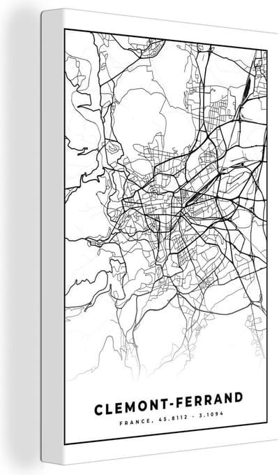 Canvas Schilderij Clermont-Ferrand - Frankrijk - Kaart - Plattegrond - Stadskaart - Zwart wit - 20x30 cm - Wanddecoratie