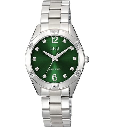 Q&Q Q83B-004PY - Horloge - Polshorloge - Analoog - Dames - Vrouwen - stalen band - Metaal - Overig - Cijfers - Stippen - Briljanten - Zilverkleurig - DonkerGroen
