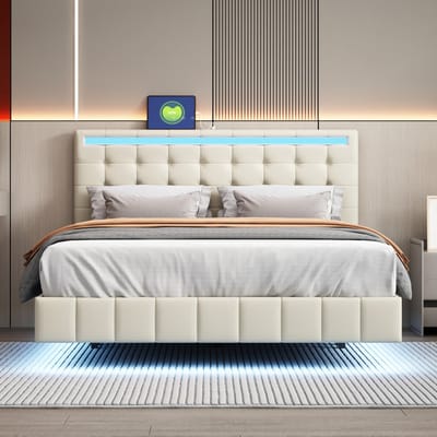 Gestoffeerd bed 140 x 200 cm, zwevend bedframe met ledverlichting en oplaadpoort, in hoogte verstelbaar hoofdeinde, verborgen bedpoten, beige beddengoed
