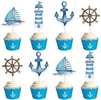 Dailygoods- Taartdecoraties Nautisch Thema - Nautische Cupcake-Toppers - 24 Stuks - Feestdecoraties - Babyshower/Verjaardag - Perfect voor Taartdecoratie - Cupcakeversiering