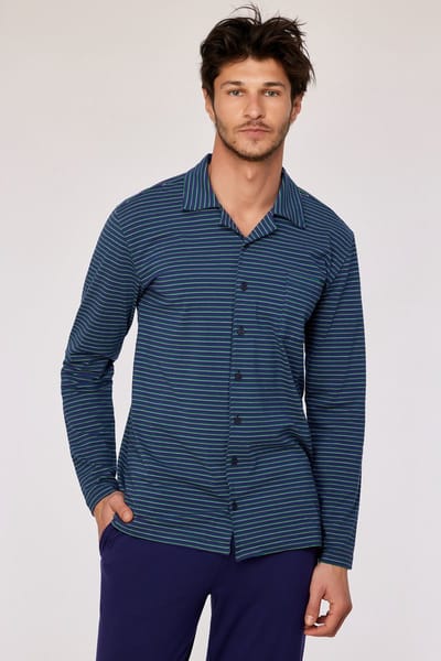 Woody pyjama heren doorknoop - donkerblauw gestreept - 252-10-MBT-Z/931 - maat S