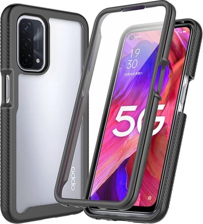 Oppo A54 5G/A74 5G Hoesje | Met ingebouwde screenprotector | Full Protect valbescherming | Doorzichtig / Zwart