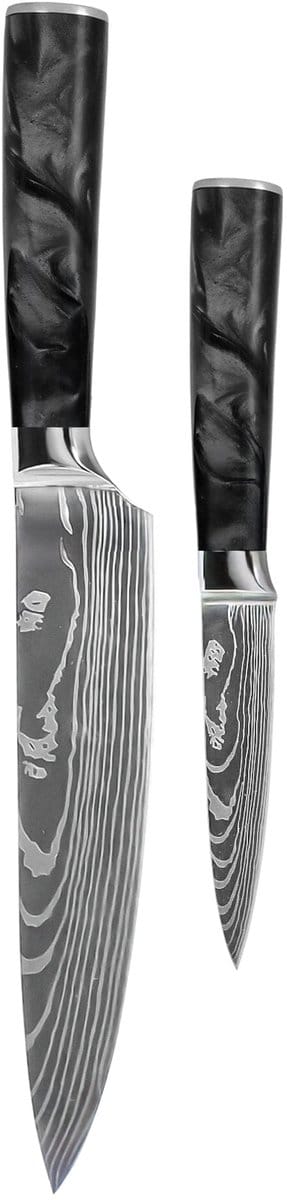 Shinrai Knives - Damascus Print Epoxy Onyx 2-delige Messenset - Koksmes + Schilmes
