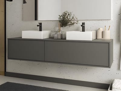 Vente-unique Hangend badkamermeubel, antracietgrijs met dubbele wastafel - L150 cm - ISAURE II