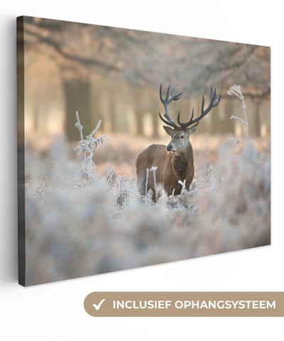 Canvas schilderij 40x30 cm - Wanddecoratie Hert - Dieren - Winter - Muurdecoratie woonkamer - Slaapkamer decoratie - Kamer accessoires - Schilderijen op canvas