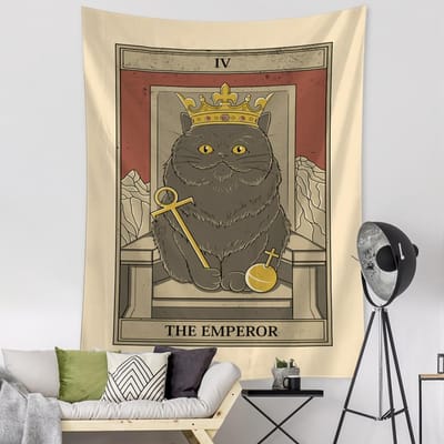 Cartoon Kat Tarotkaart Wandtapijt Muurhanger Mysterie Hekserij Psychedelisch Tapiz Hippie Kamer Huisdecoratie 95x70cm