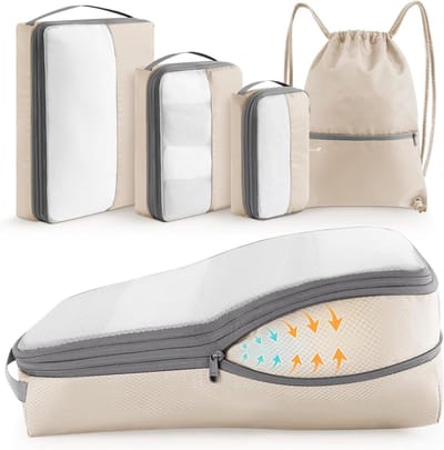 Reis Organiser Set - Koffer Organizer - Bagage Inpakken - Ruimtebesparend Compressie - 4 Delig - Beige