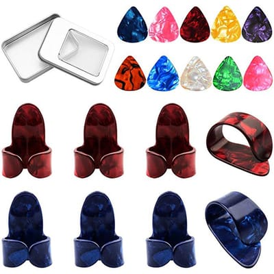 Plectrumset 10 stuks celluloid plectrums + 6 stuks vingerplectrums + 2 duimplectrums + opbergdoos gitaar veelkleurig