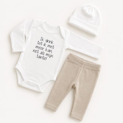 Baby cadeau geboorte unisex jongen of Meisje Setje 3-delig newborn | maat 50-56 | grijs mutsje en broekje en romper lange mouw wit met zwarte tekst ik drink tot ik niet meer kan net als mijn tante | Bodysuit | pakje | Kraamcadeau | Gift Set
