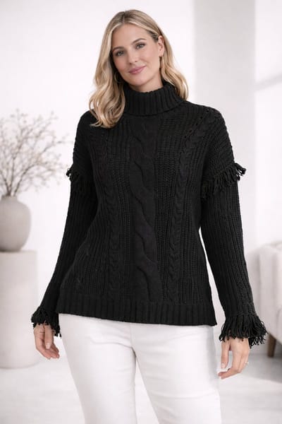Dames Kabeltrui Zwart met Col – Fringe Details – Maat M – Gebreide Wintertrui