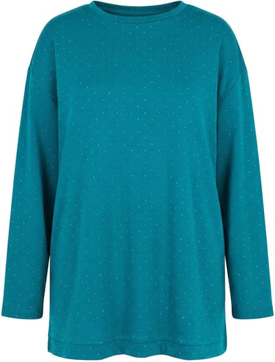 MIAMODA - Dames - Sweatshirt Boxy Fit scuba-sweatstof glittersteentjes - Groenblauw - Maat 42