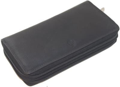 Oi vintage zwarte dubbele ritsportemonnee XL / zeer ruime lederen damesportemonnee volledig afgesloten met 2 ritsen / damesbeurs zeer groot en overzichtelijk / Anti skimming / zwart leer / 405Black