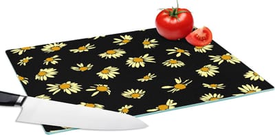 Glazen Snijplank - 39x28 - Madelief - Zwart - Patroon - Snijplanken Glas