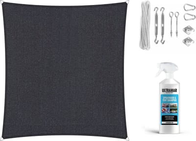 Compleet pakket: Shadow Comfort vierkant 3,6x3,6m Carbon Black met RVS Bevestigingsset en buitendoek reiniger